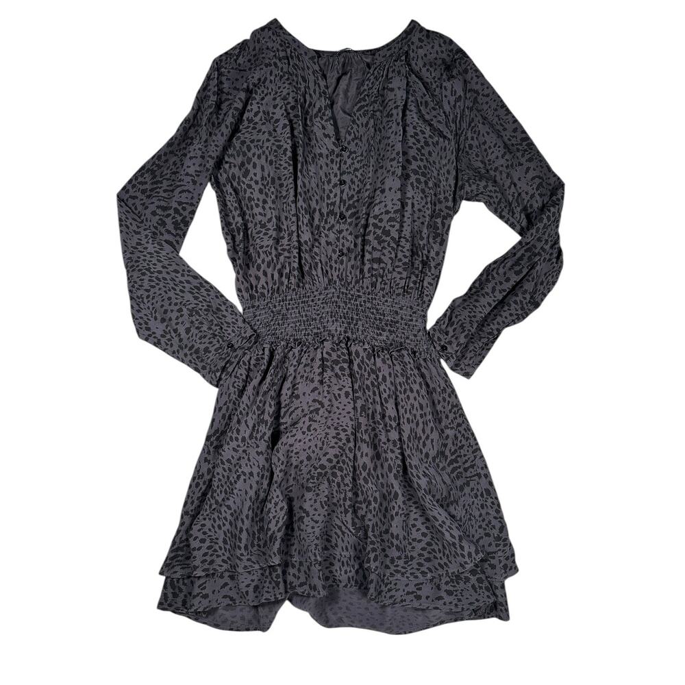 Rails Jasmine Cheetah Dress S Button Up Elastic Waist Flutter Skirt Grey Mini